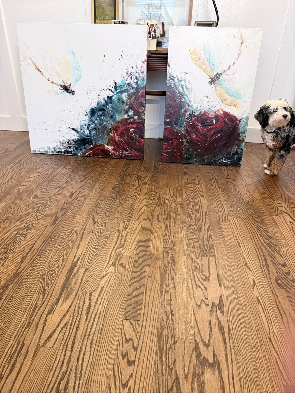 Abstract Floral Dragonfly Original Wall Art (Canvas) Set - Red, Teal & Yellow